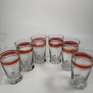 Vintage Footed Libbey Glasses (6) Gold & Pink/Red Stripes - Classic Retro Design